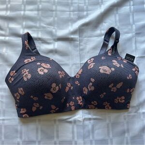 Voglo Lightly Lined Blue Wireless Bra with Pink Floral Pattern size 44H